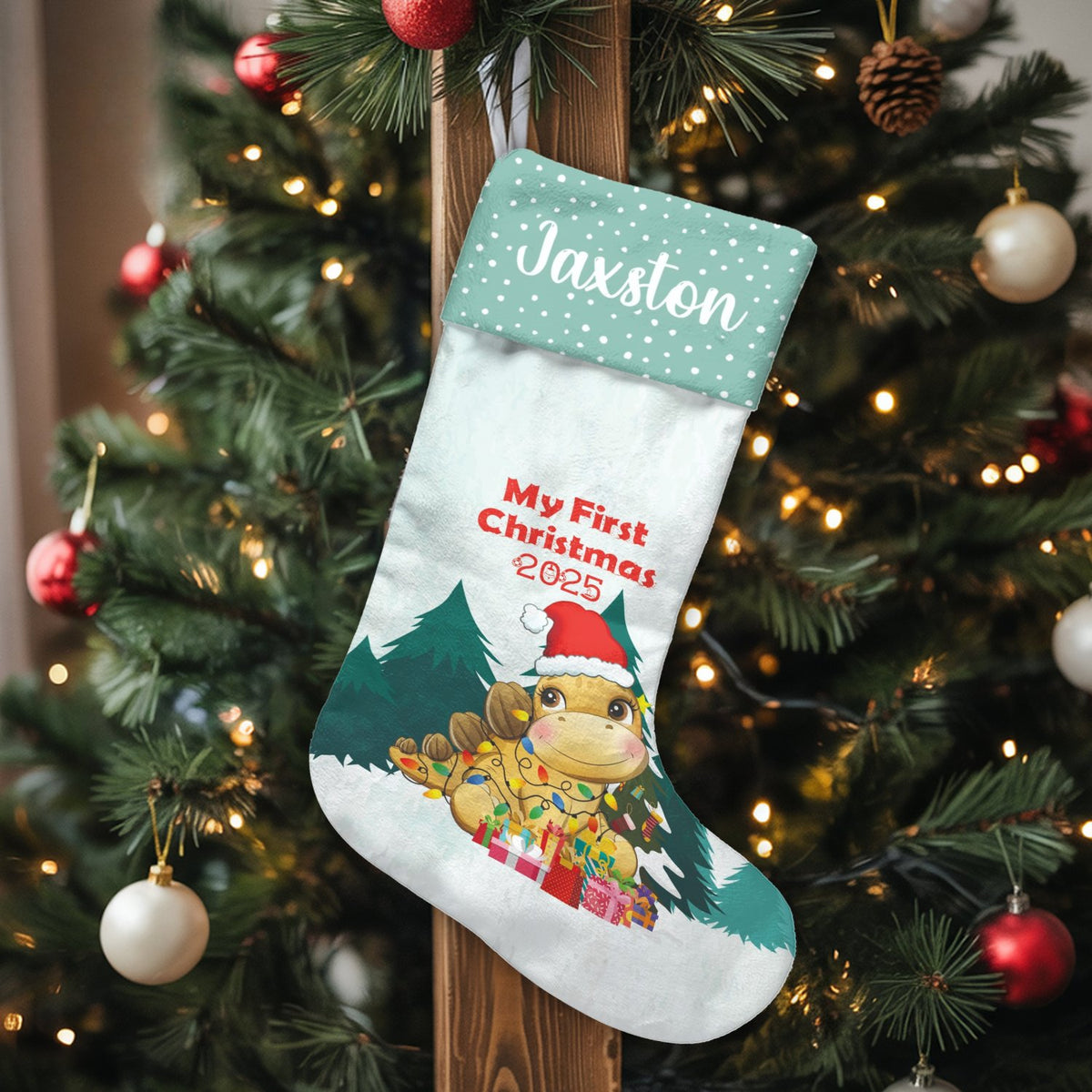 Baby First Christmas 2025 Stocking, Dinosaur Christmas Stocking, Adorable Dino Holiday Stocking, Kids Fireplace Mantel Decor,