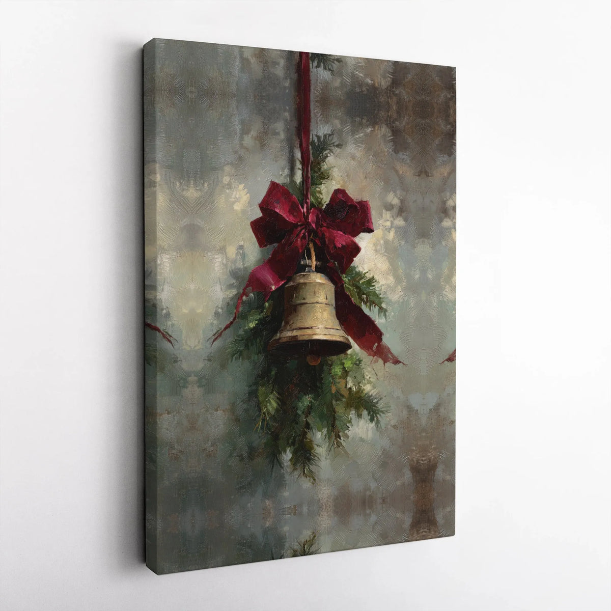 Red Bow Pine Branch Canvas Print, Vintage Christmas Bell Canvas Art, Holiday Wall Decor, Winter Painting Wall Art Canvas