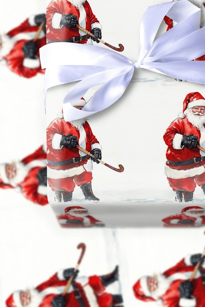 Sports Christmas Gift Wrap, Hockey Santa Wrapping Paper, Humorous Santa Claus Wrapping Paper, Ice Hockey Fan Holiday Gift Wra