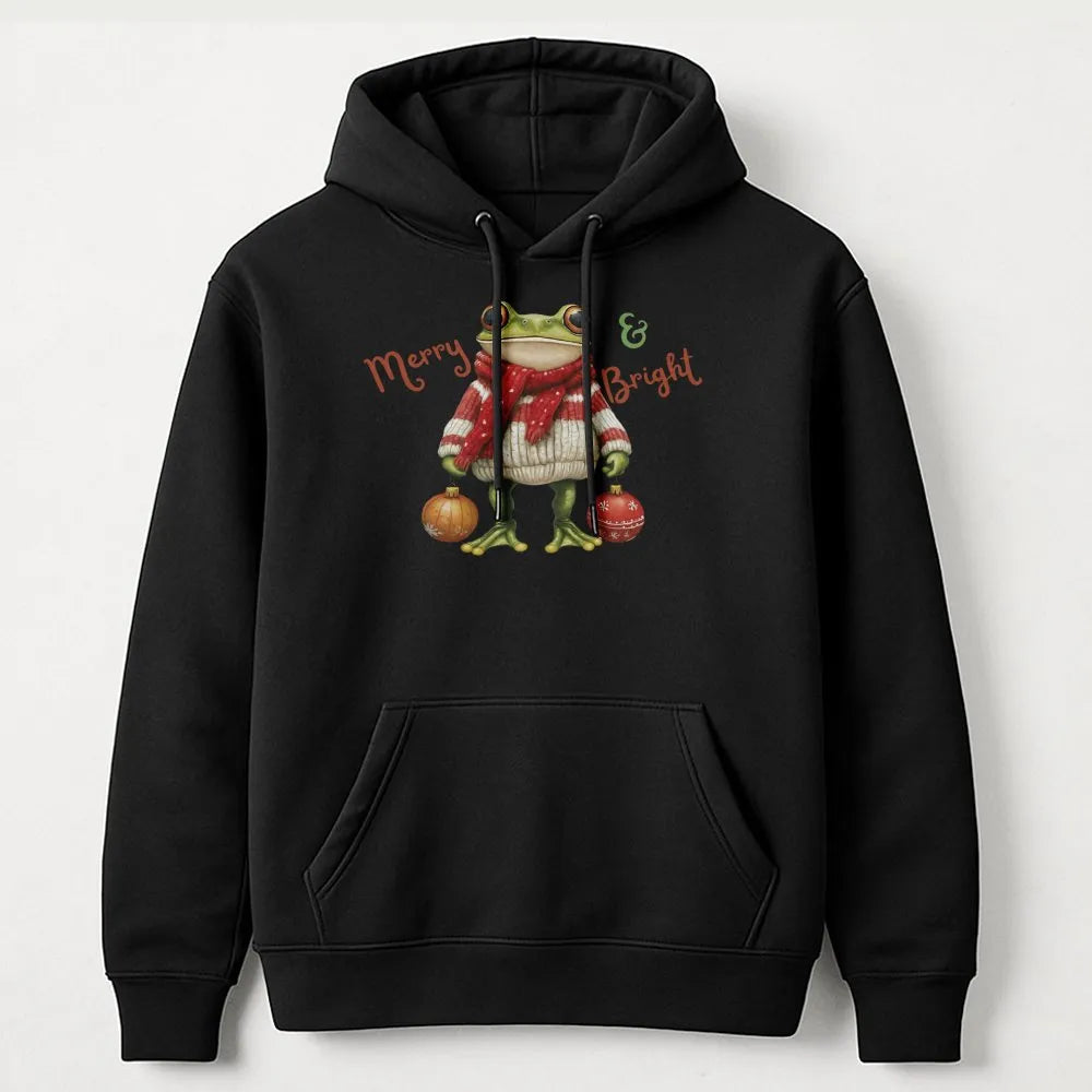 Merry and Bright Frog Sweatshirt, Christmas Frog Hoodie, Adorable Animal Holiday Hoodie, Festive Xmas Frog Hooded Pullover, W