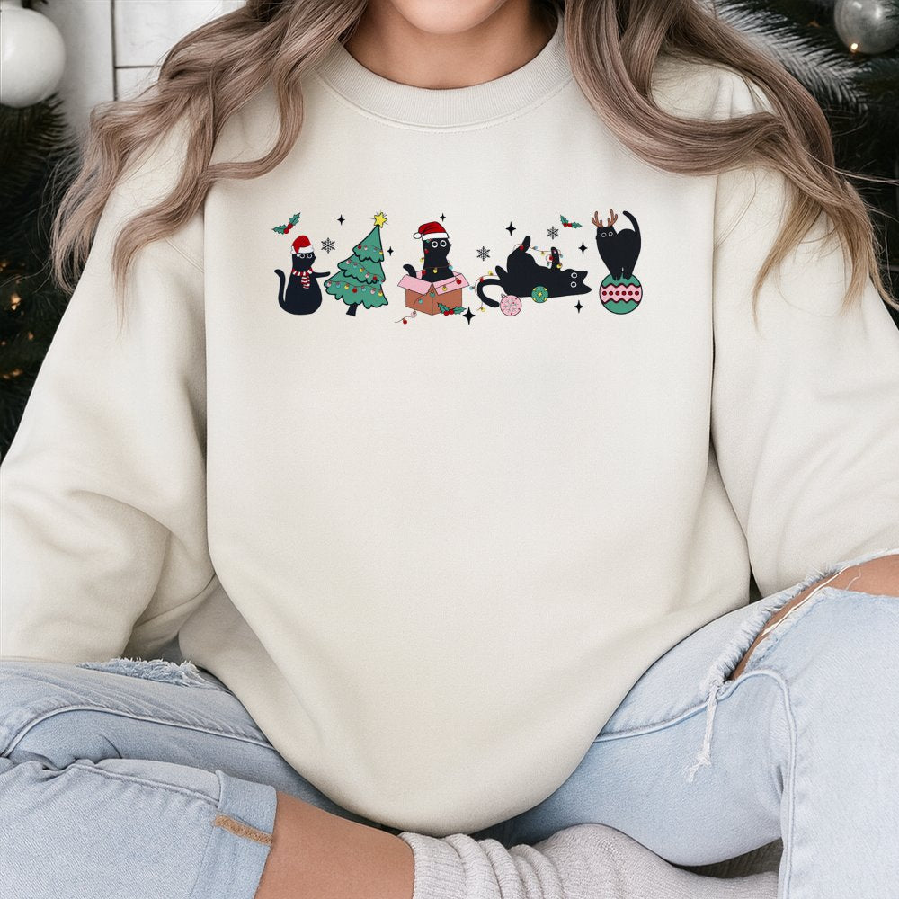 Adorable Holiday Kitties Sweater, Christmas Black Cat Sweatshirt, Humorous Xmas Cat Pullover, Retro Winter Cat Lover Crewneck