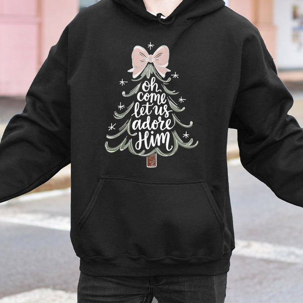 Christmas Tree Bow Sweatshirt, Oh Come Let Us Adore Him Hoodie, Christian Holiday Hooded Pullover, Religious Xmas Hoodie, Fai