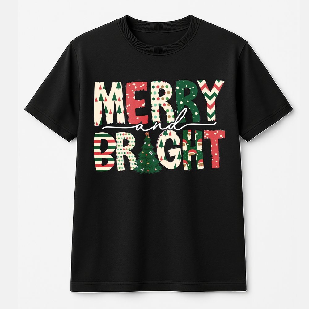 Festive Pattern Holiday T-Shirt, Merry and Bright Christmas T-Shirt, Adorable Winter Christmas T-Shirt, Merry Xmas Tee, Holid