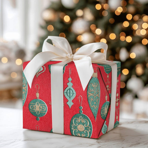 Red and Green Holiday Gift Wrap, Vintage Ornament Christmas Wrapping Paper, Retro Bauble Wrapping Paper, Elegant Festive Gift