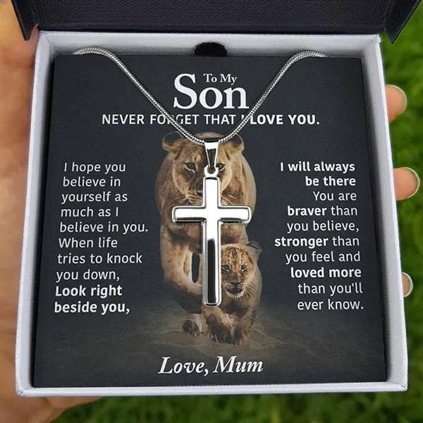 Polished Stainless Steel Cross Necklace, Lion Cross Necklace for Son, Inspirational Religious Cross Necklace, Birthday Christ