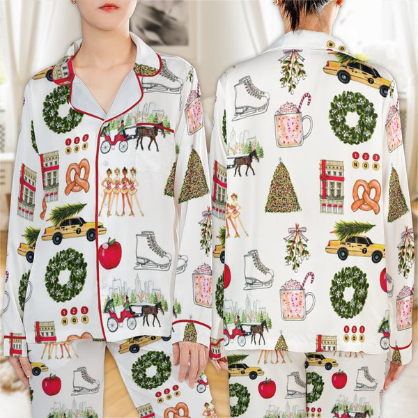 NYC Holiday Icons Pajamas, New York Christmas Satin Pajama Set, Festive City Sleepwear Set, Christmas Pajama Loungewear, NYC 