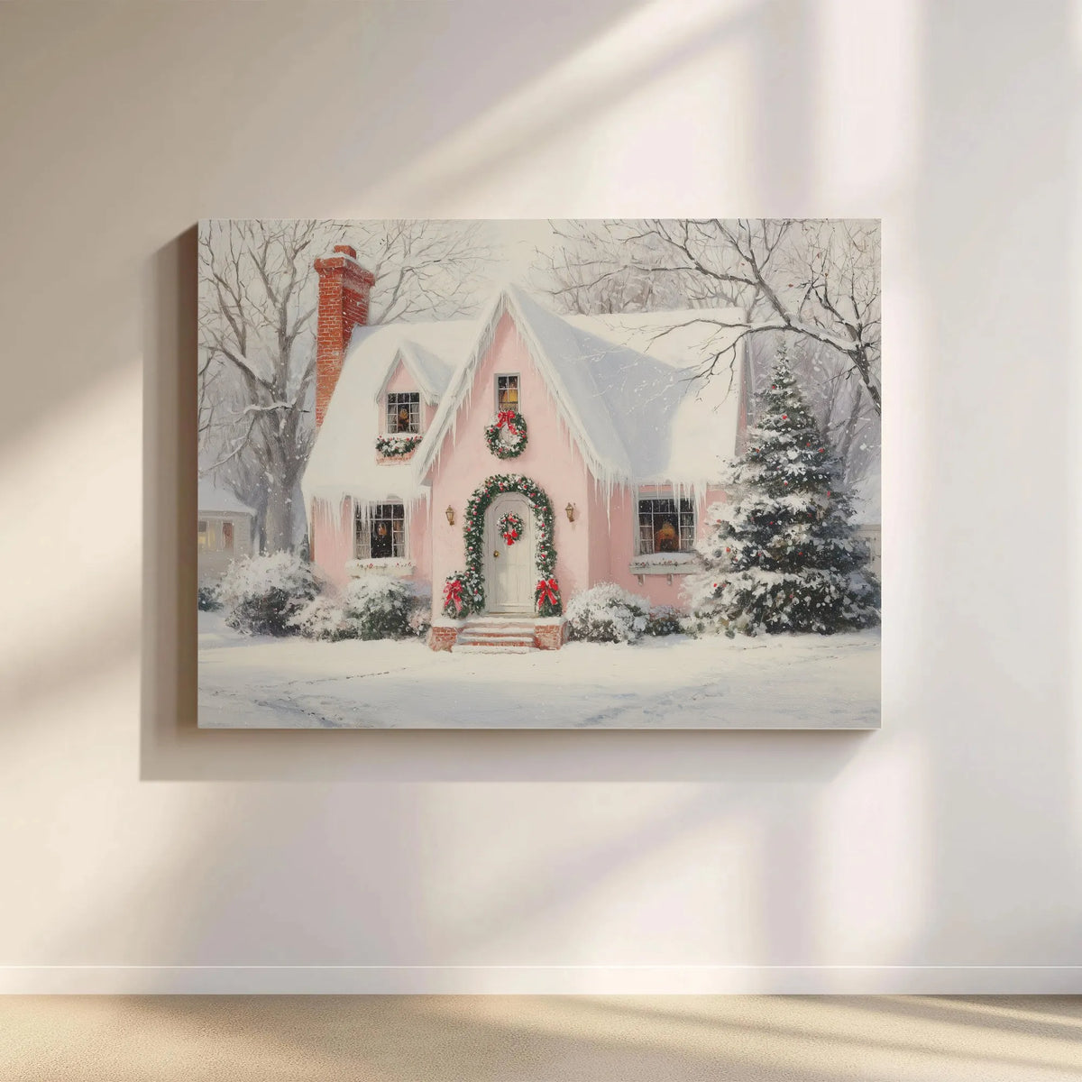 Snowy Winter Landscape Canvas Print, Pink Christmas Cottage Canvas Wall Art, Vintage Holiday Wall Decor, Comfy Seasonal Home 