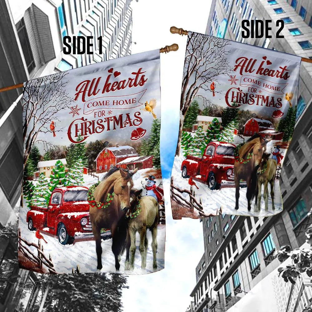 Red Truck Winter Horse Yard Flag, All Hearts Come Home for Christmas Garden Flag, Double-Sided Holiday Farmhouse Lawn Flag, X