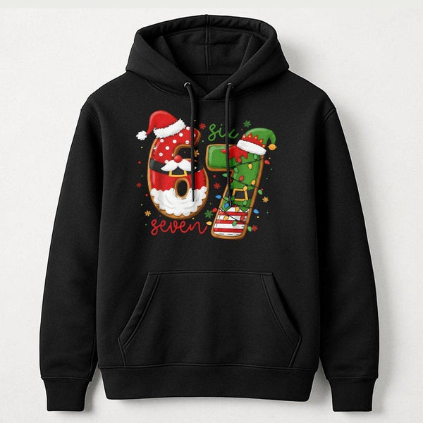 Humorous Holiday Graphic Sweatshirt, 67 Christmas Santa and Elf Number Hoodie, Retro Xmas Party Pullover, Birthday Party Appa