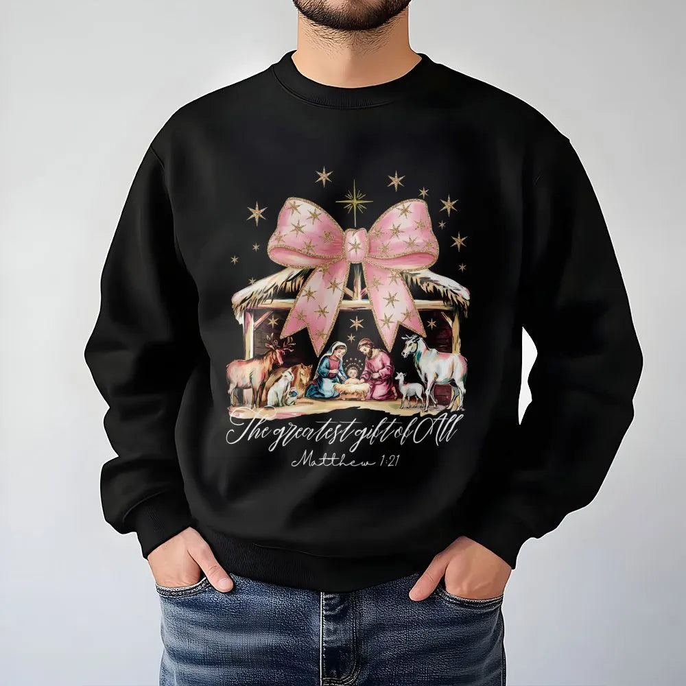Coquette Pink Bow Manger Sweatshirt, Nativity Christmas Sweatshirt, Adorable Christian Holiday Crewneck, Religious Faith Grap