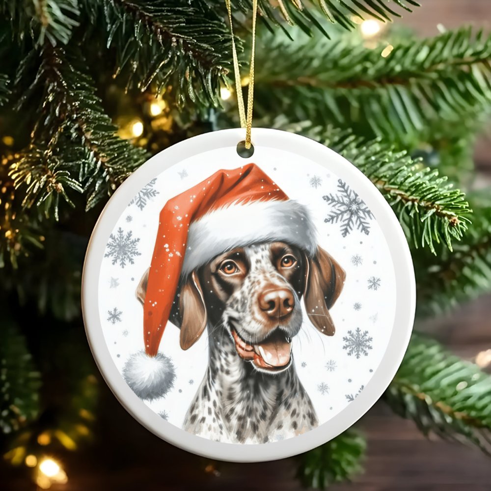 Santa Hat GSP Tree Ornament, German Shorthaired Pointer Christmas Ornament, Pet Dog Ceramic Ornament, Festive Holiday Decor P