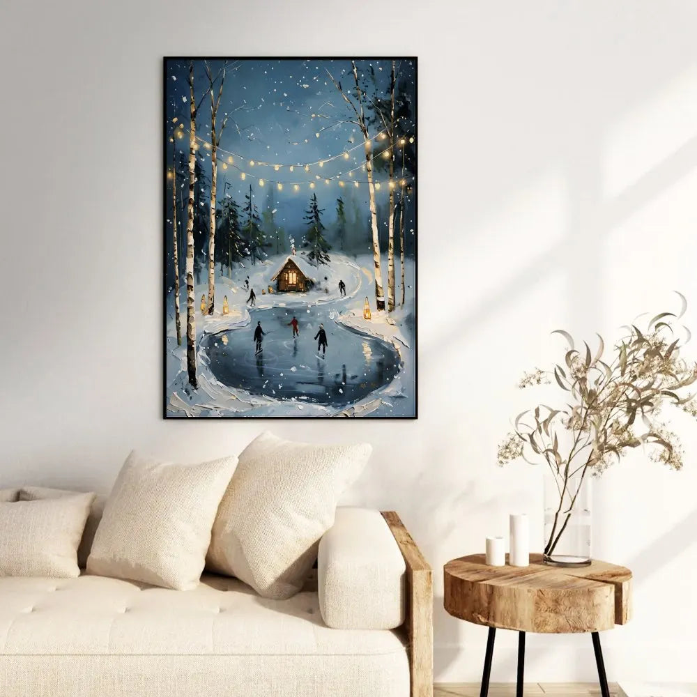 Comfy Forest String Lights Art Print, Winter Ice Skating Cabin Poster, Seasonal Christmas Wall Art Poster, Rustic Holiday Pai
