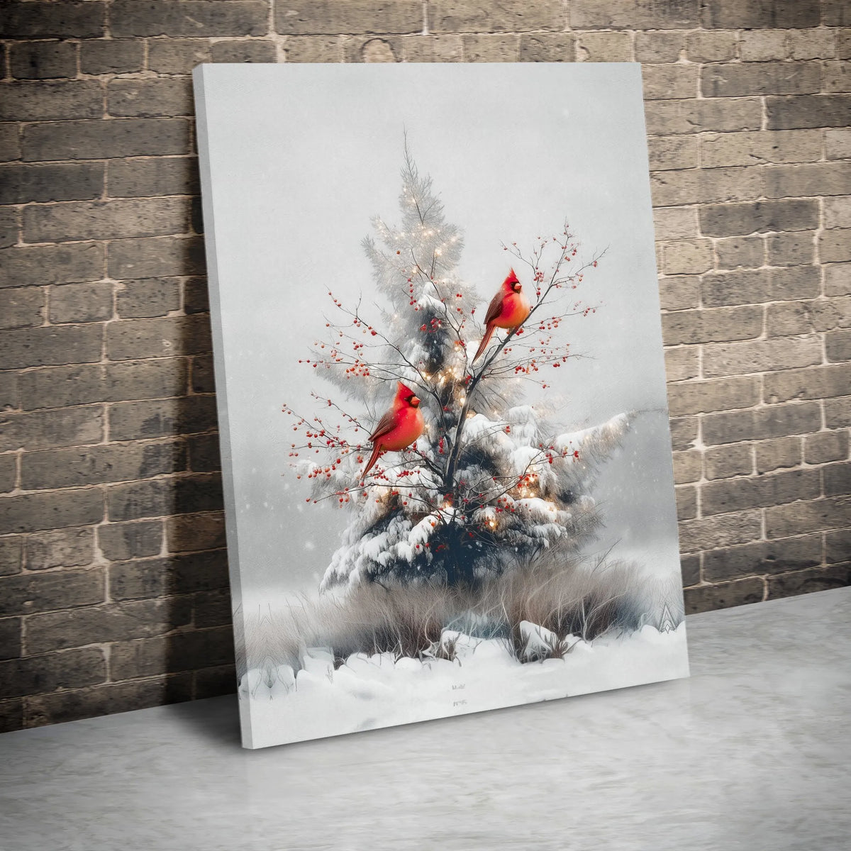 Snowy Winter Pine Tree Canvas, Red Cardinal Canvas Wall Art, Cardinal with Red Berries Canvas Print, Christmas Holiday Season