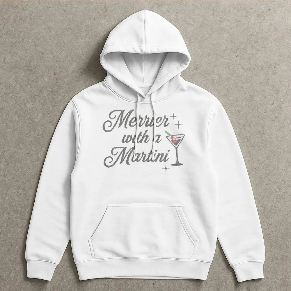 Festive Cocktail Hoodie, Merrier with a Martini Hoodie, Christmas Martini Hoodie, Holiday Party Hooded Sweatshirt, Drinking P