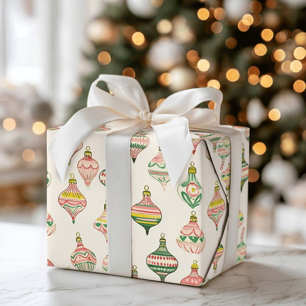 Watercolor Holiday Baubles Gift Wrap, Vintage Christmas Ornaments Wrapping Paper, Retro Festive Wrapping Paper, Nostalgic Xma