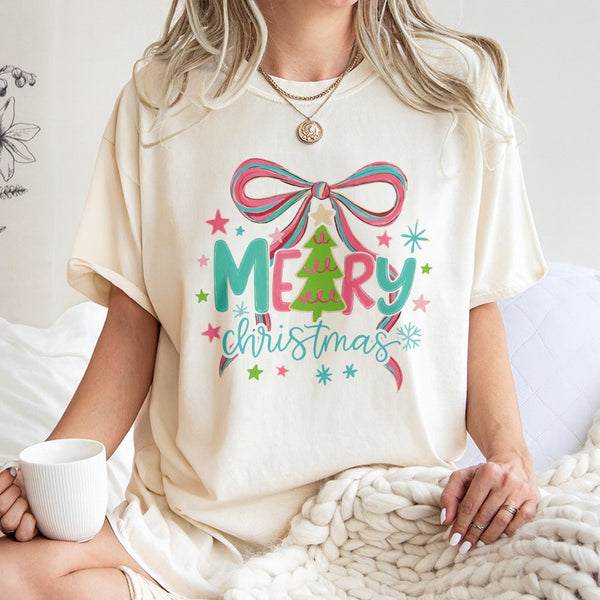Coquette Tree Bow Graphic Tee, Bright Neon Christmas Tree T-Shirt, Trendy Merry Christmas Shirt, Festive Holiday Party Top