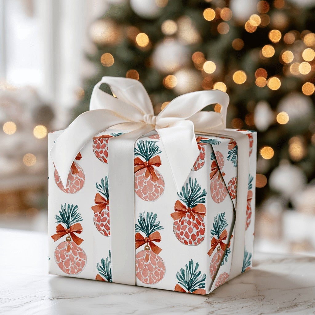 Pink Fruit Holiday Gift Wrap, Tropical Pineapple Christmas Wrapping Paper, Festive Present Wrap, Unique Winter Wrapping Paper