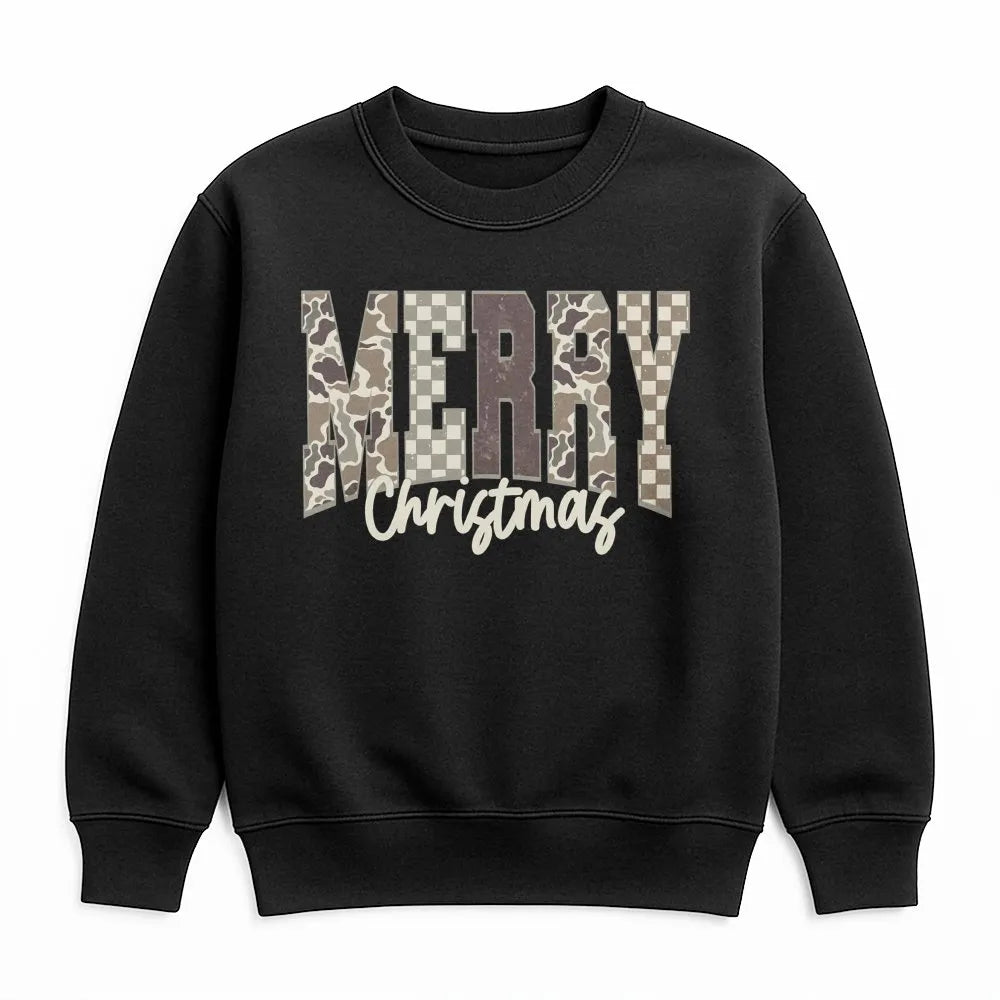 Checkered Holiday Lettering Crewneck, Merry Christmas Camo Sweatshirt, Southern Country Hunter Xmas Sweater, Winter Holiday P