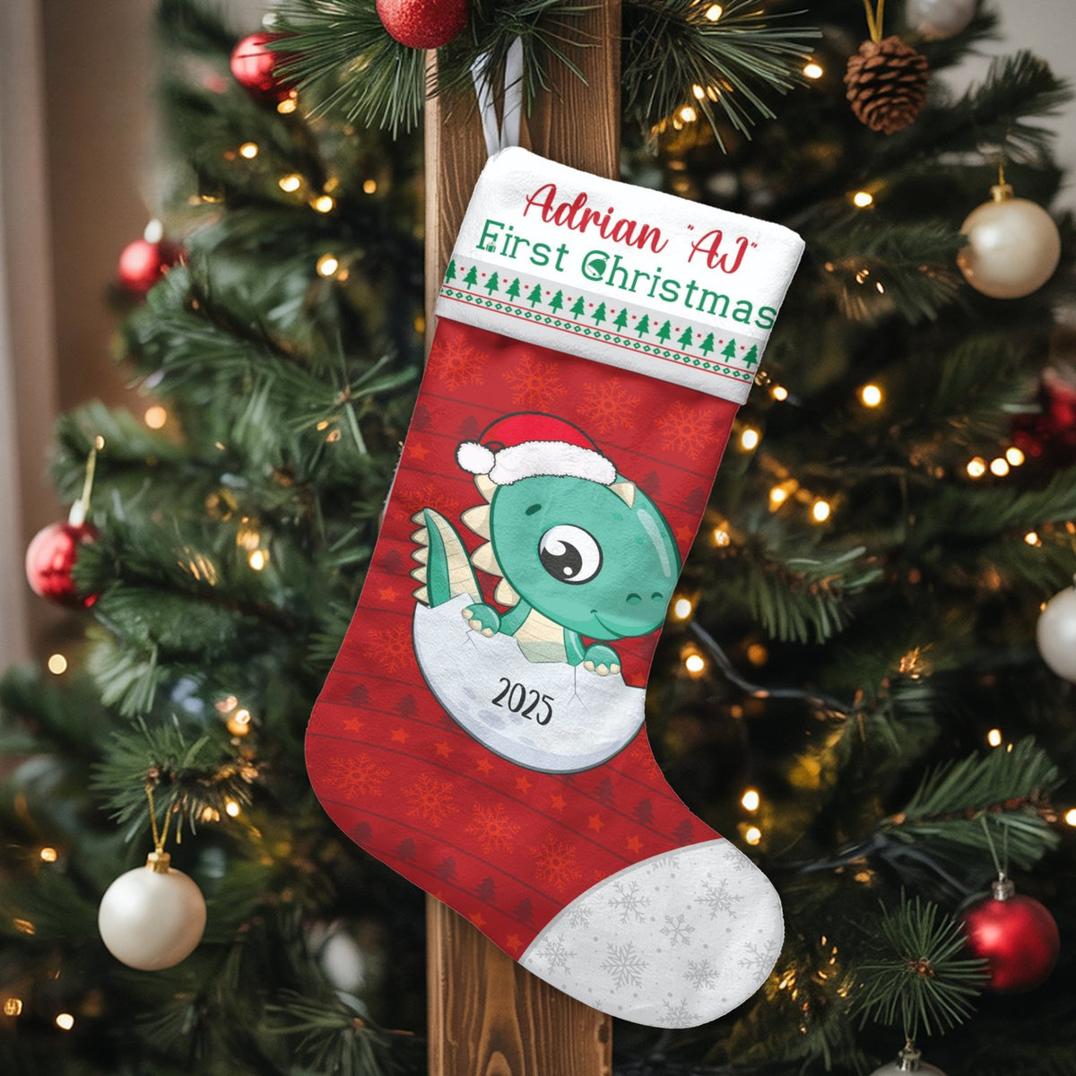 Custom First Christmas Stocking 2025, Baby Dinosaur Christmas Stocking, Kids Holiday Stocking, Adorable Dino Mantel Decor, Pe