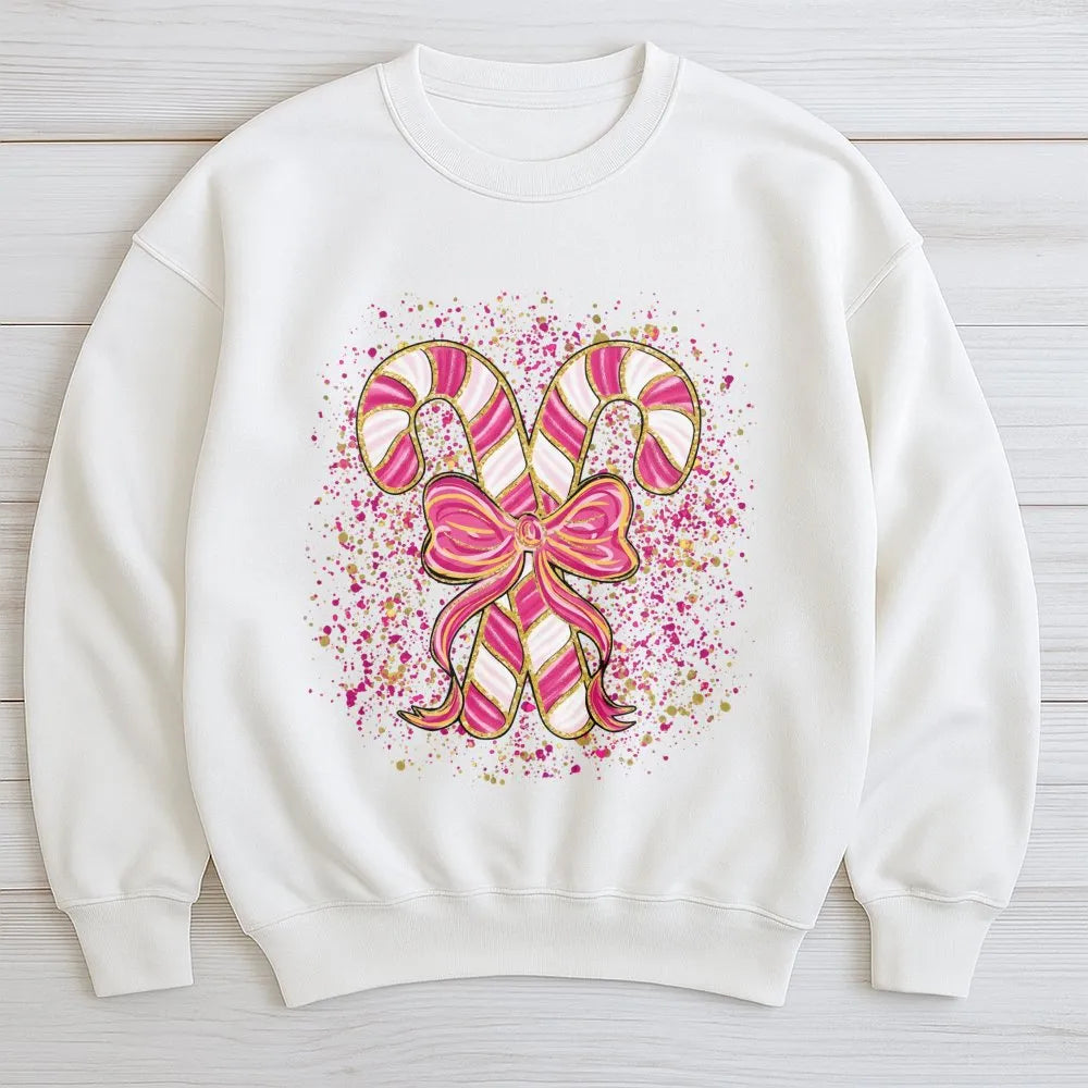 Coquette Candy Cane Sweater, Pink Candy Cane Sweatshirt, Pink Holiday Bow Crewneck, Adorable Winter Pullover, Christmas Prese
