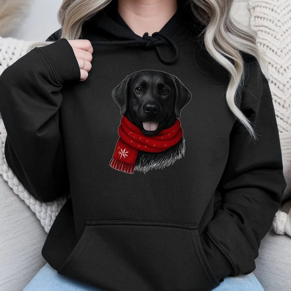 Adorable Dog Red Scarf Hoodie, Black Labrador Christmas Hoodie, Festive Pet Lover Sweatshirt, Black Lab Hooded Sweatshirt, Wi