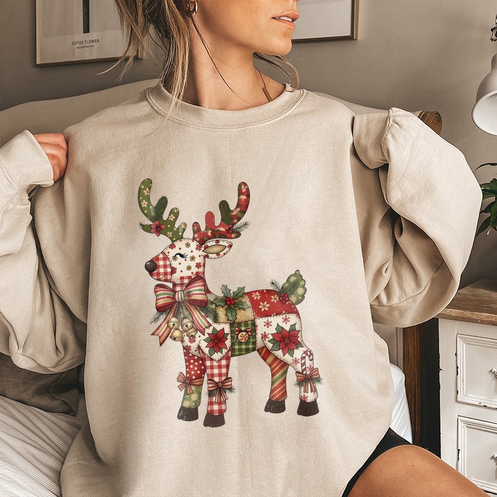 Floral Reindeer Shirt, Patchwork Reindeer Sweatshirt, Festive Christmas Reindeer Sweater, Comfy Holiday Crewneck Sweatshirt, 
