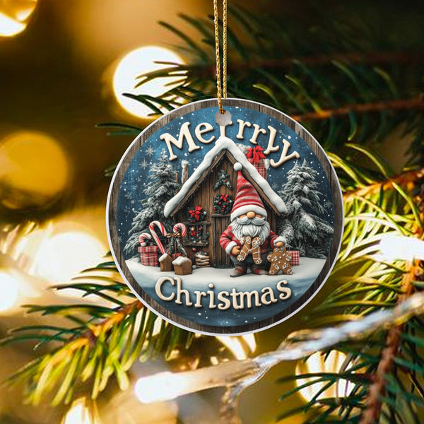 Snowy Cabin Gingerbread Gnome Ornament, Christmas Gnome Ceramic Ornament, Holiday Tree Ceramic Ornament, Adorable Winter Keep
