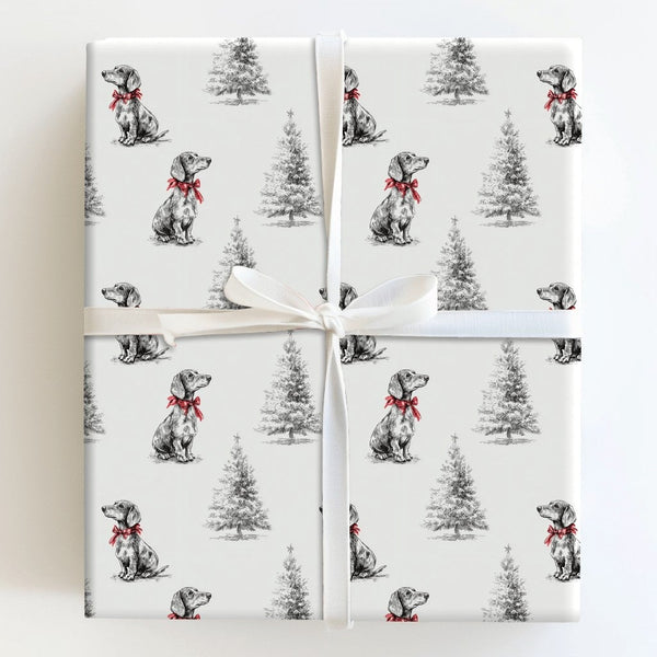 Dog with Red Bow Gift Wrap, Dachshund Christmas Wrapping Paper, Sketch Dachshund Holiday Wrapping Paper, Dog Lover Present Gi