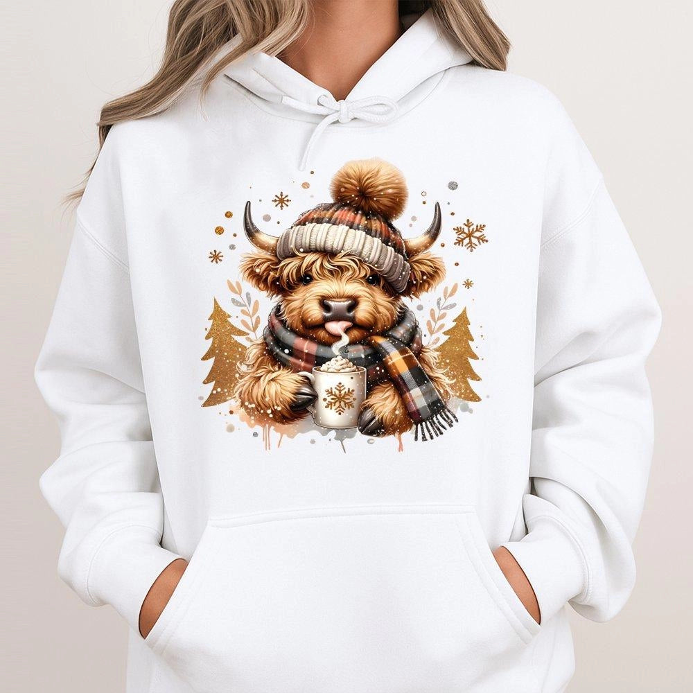 Festive Winter Animal Sweatshirt, Highland Cow Christmas Hoodie, Adorable Holiday Cow Hoodie, Comfy Farmhouse Xmas Pullover, 