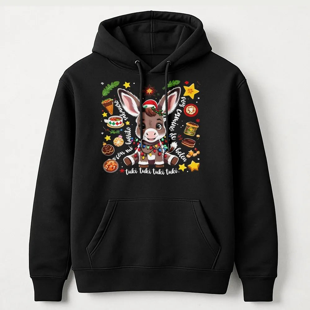 Adorable Villancico Christmas Donkey Sweatshirt, Mi Burrito Sabanero Hoodie, Spanish Latino Holiday Graphic Pullover, Hispani