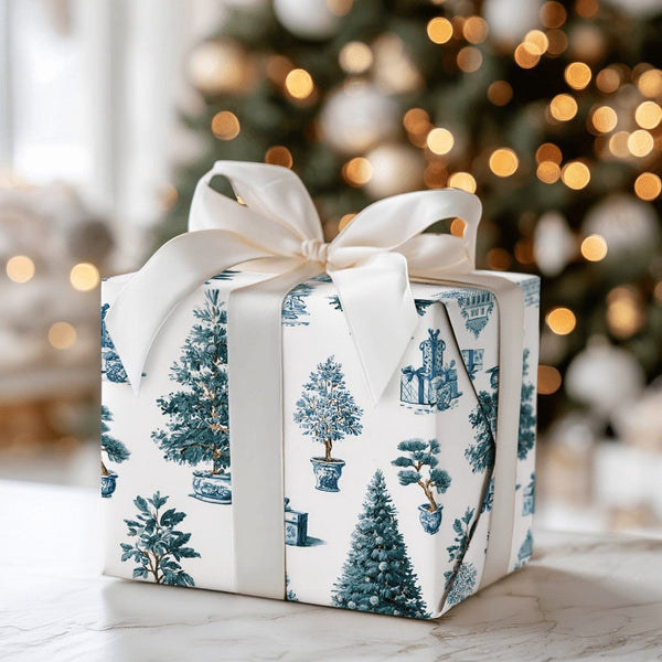 Blue and White Holiday Gift Wrap, Chinoiserie Christmas Wrapping Paper, Porcelain Style Tree Wrapping Paper, Elegant Winter G