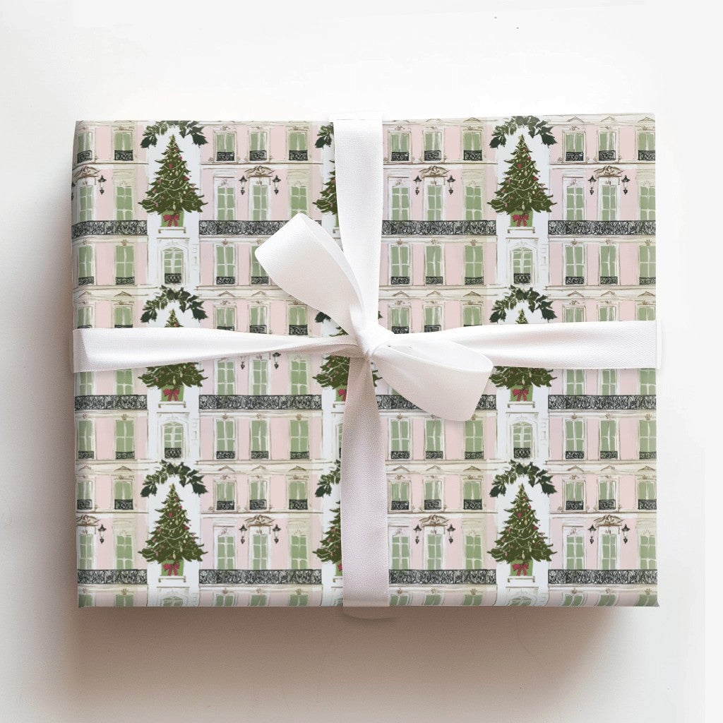 Pink Parisian Building Gift Wrap, Paris Christmas Wrapping Paper, French City House Wrapping Paper, Elegant Holiday Christmas