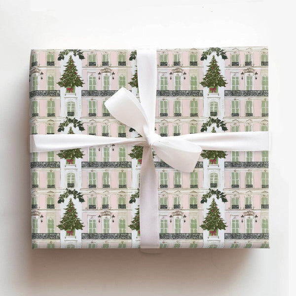 Pink Parisian Building Gift Wrap, Paris Christmas Wrapping Paper, French City House Wrapping Paper, Elegant Holiday Christmas
