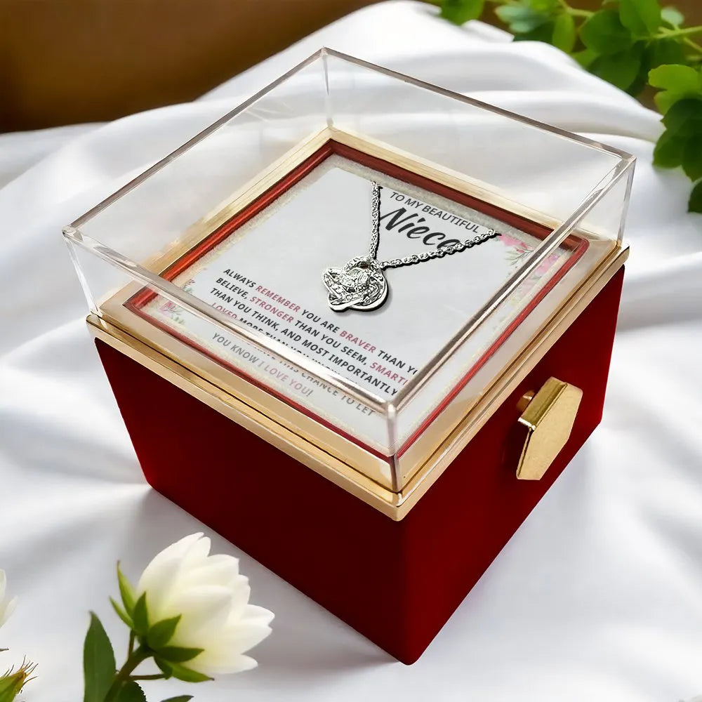 Gold CZ Crystal Pendant Jewelry, Niece Love Knot Necklace with Rotating Rose Box, Birthday Present for Niece, Christmas Prese