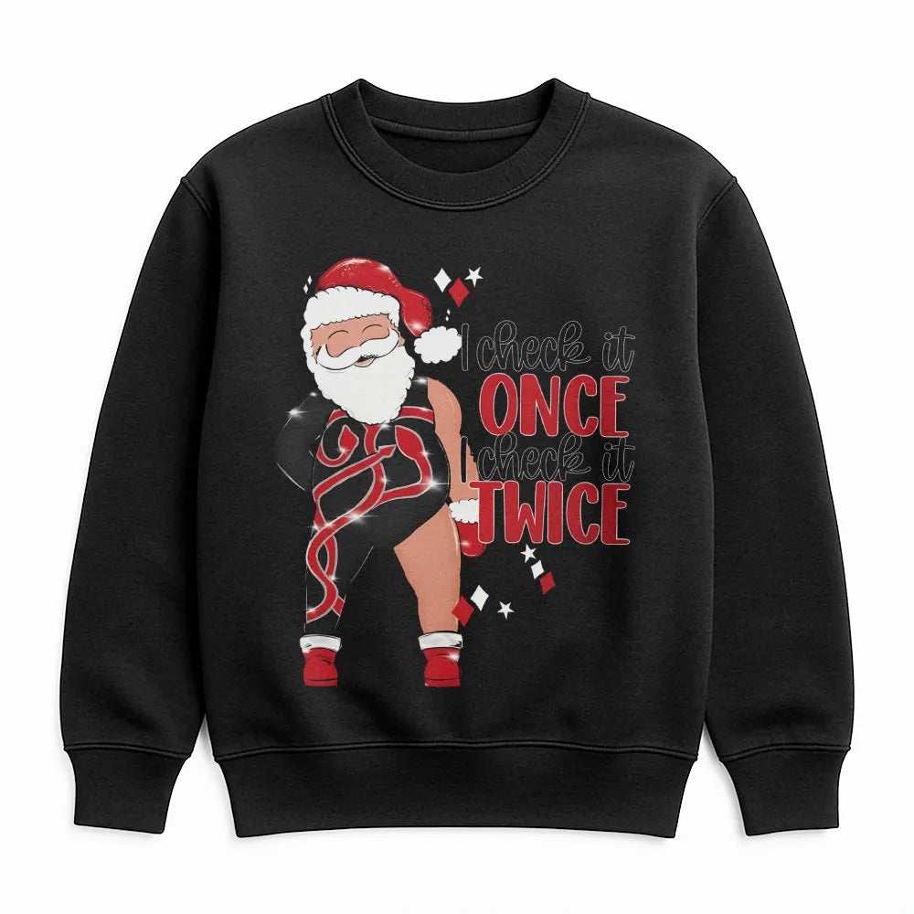 Gymnast Santa Pullover, Humorous Santa Sweatshirt, I Check It Twice Crewneck, Fitness Holiday Sweater, Christmas Gymnast Pres