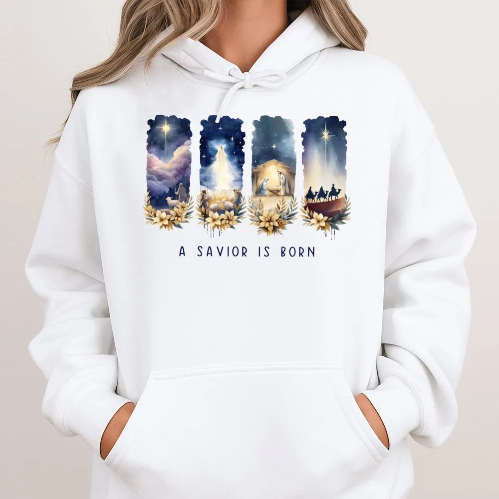 Nativity Scene Graphic Sweatshirt, A Savior Is Born Hoodie, Christian Religious Christmas Pullover, Holy Night Hooded Sweatsh