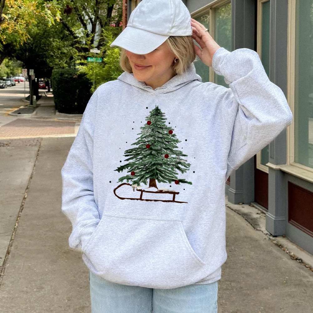 Watercolor Winter Sled Hoodie, Christmas Tree Hoodie, Holiday Sledding Pullover, Comfy Winter Christmas Hoodie, Merry Xmas Se