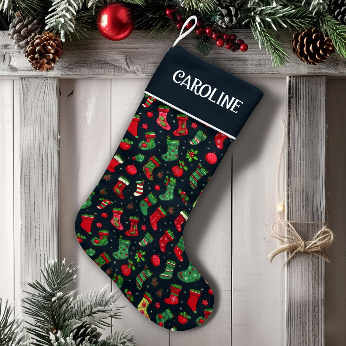 Custom Name Holiday Stocking, Personalized Red and Green Ornament Christmas Stocking, Festive Xmas Stocking, Family Holiday D