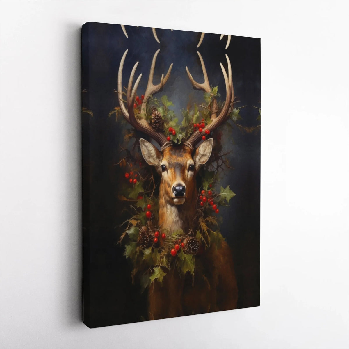 Rustic Deer Holly Wreath Print, Christmas Stag Canvas Wall Art, Holiday Winter Wildlife Canvas Painting Home Decor