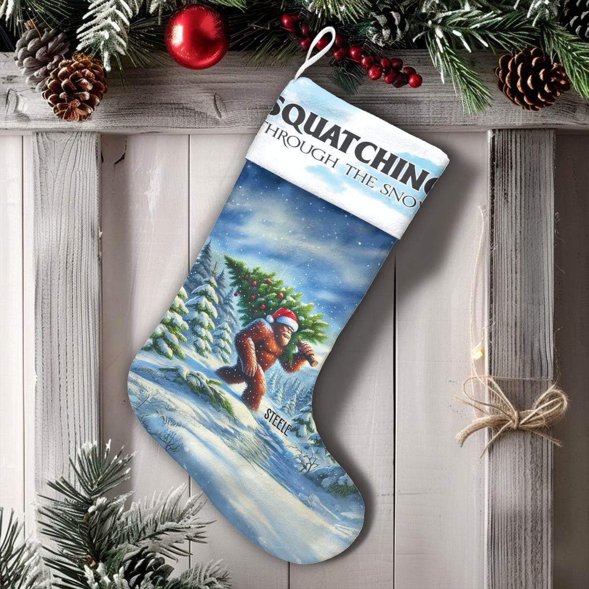 Bigfoot Holiday Stocking, Squatching Through the Snow Christmas Stocking, Personalized Christmas Stocking, Sasquatch Fireplac