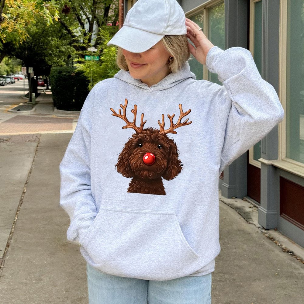 Humorous Christmas Dog Hoodie, Chocolate Doodle Reindeer Hoodie, Adorable Pet Lover Holiday Sweatshirt, Winter Doodle Pullove