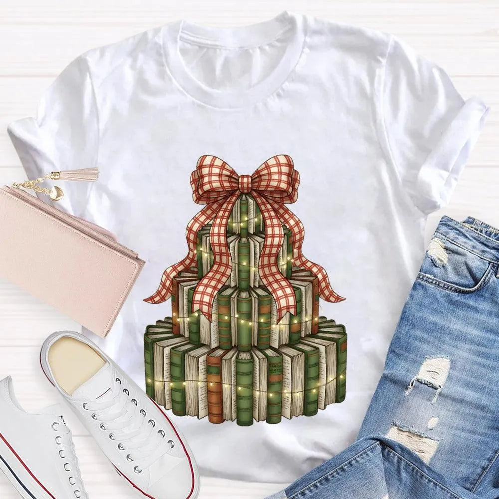 Bookworm Holiday Graphic Tee, Books Bows Lights Christmas Tree Shirt, Comfy Bookish Christmas T-Shirt, Reader Teacher Xmas Pr