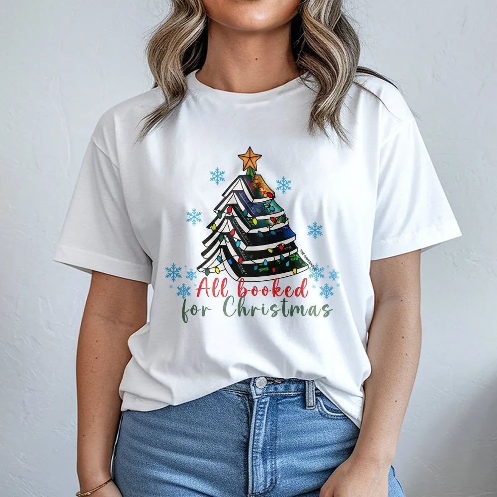 Book Tree Holiday Graphic Tee, All Booked for Christmas T-Shirt, Bookworm Christmas Shirt, Adorable Book Lover Holiday Graphi