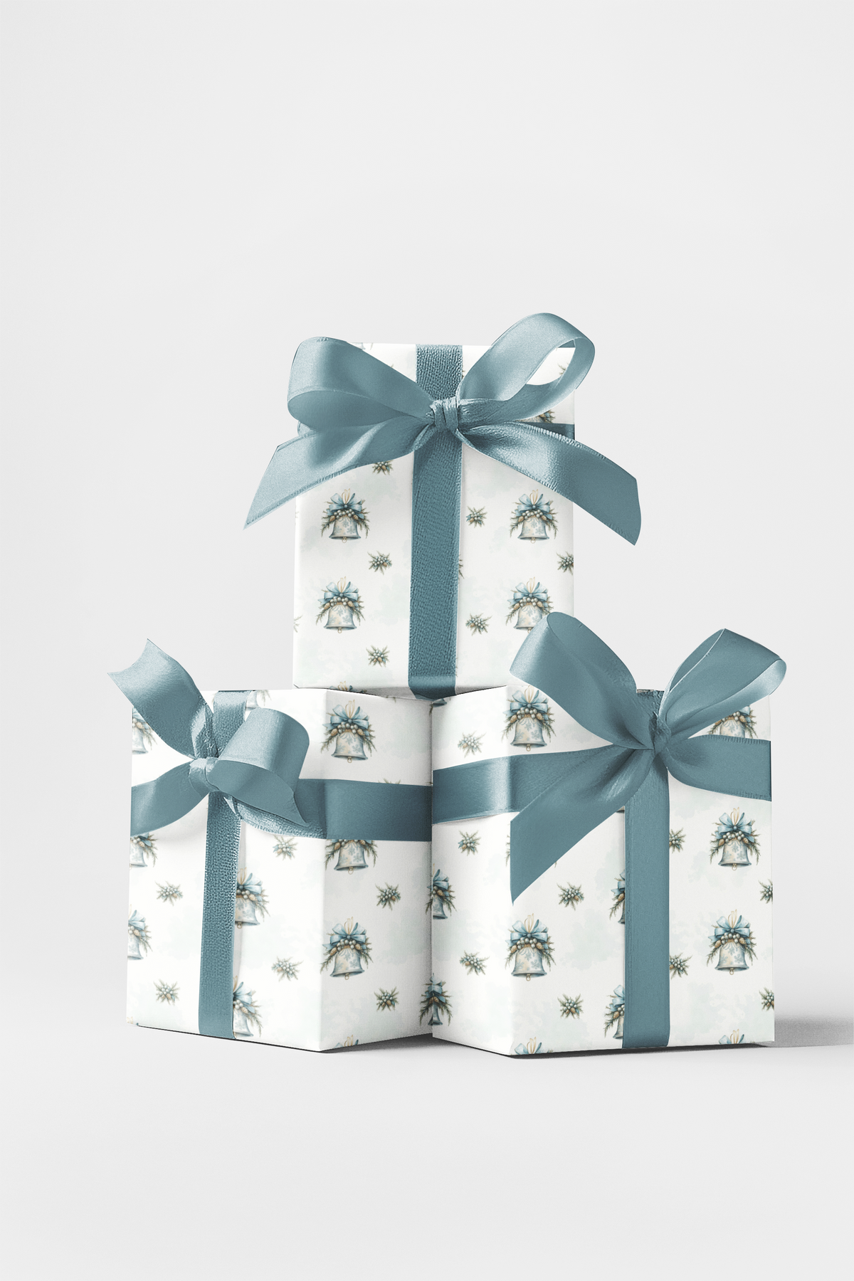 Silver Blue Holiday Wrapping Paper, Winter Bell Christmas Wrapping Paper, Elegant Floral Gift Wrap, Festive Winter Bell Wrapp