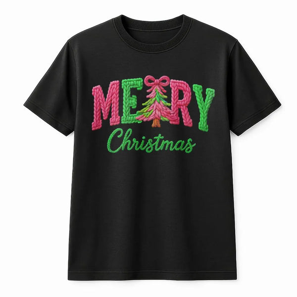 Knitted Look Graphic T-Shirt, Merry Christmas Faux Yarn Shirt, Comfy Knit Typography Holiday Tee, Vintage Faux Knit Xmas Shir
