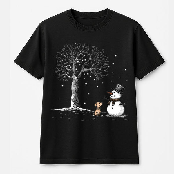 Adorable Winter Dog Graphic Tee, Snowman and Puppy T-Shirt, Festive Holiday Season Shirt, Vintage Christmas Puppy Lover Prese
