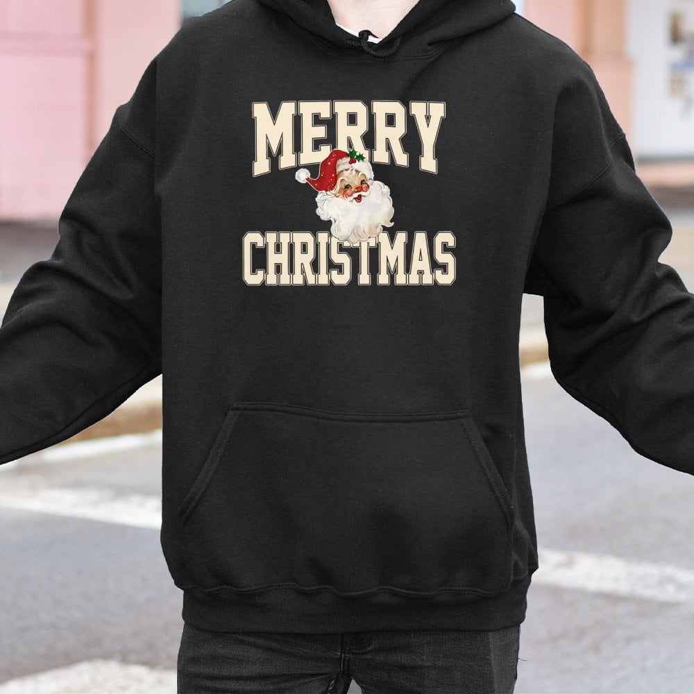 Retro Merry Christmas Sweatshirt, Vintage Santa Claus Hoodie, Adorable Santa Graphic Pullover Hoodie, Comfy Xmas Holiday Hood