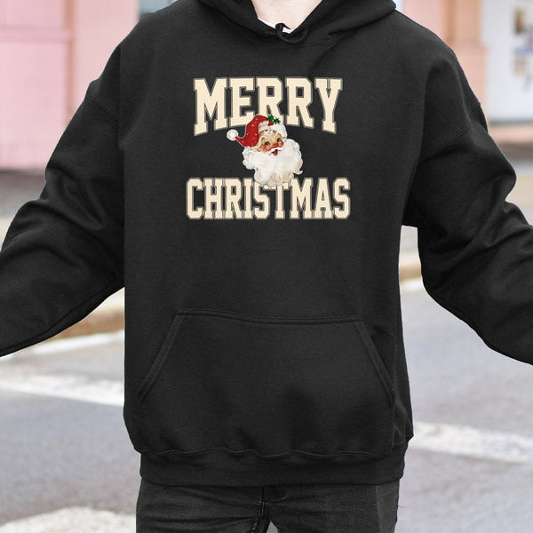 Retro Merry Christmas Sweatshirt, Vintage Santa Claus Hoodie, Adorable Santa Graphic Pullover Hoodie, Comfy Xmas Holiday Hood