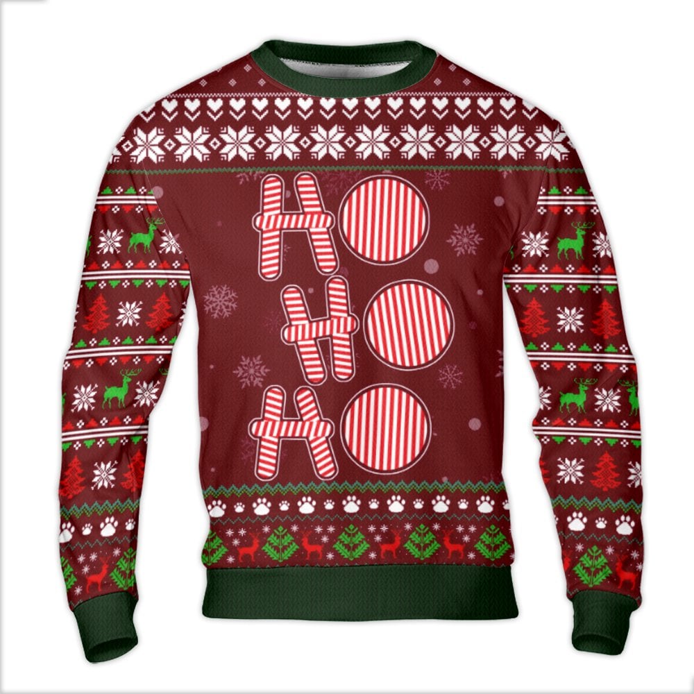 Candy Cane Holiday Sweater, Ho Ho Ho Ugly Christmas Sweater, Reindeer Paw Print Ugly Sweater, Humorous Dog Lover Xmas Crewnec