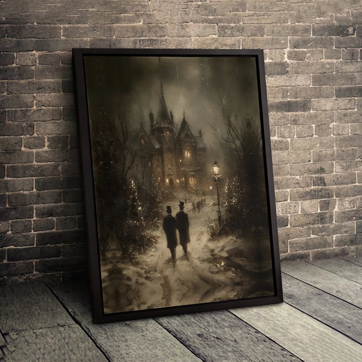 Snowy Christmas Night Wall Art, Gothic Victorian Mansion Poster, Moody Dark Academia Winter Landscape Print, Dark Decor, Digi